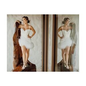 Satin asymmetrical feather trim lace up wedding dress with bow size small US 4